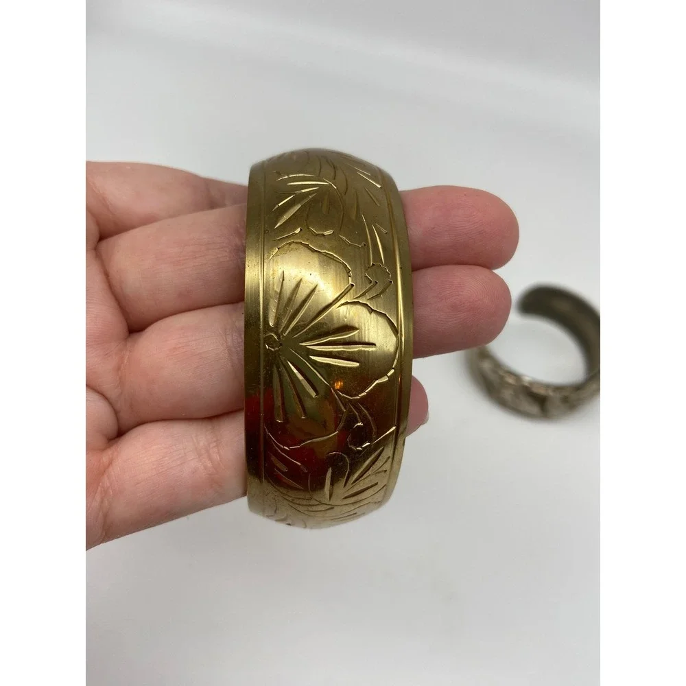 Set of 3 Vintage Boho Cuff Bracelets‎ Ornate Floral Leaf Gold Tone Silver Tone